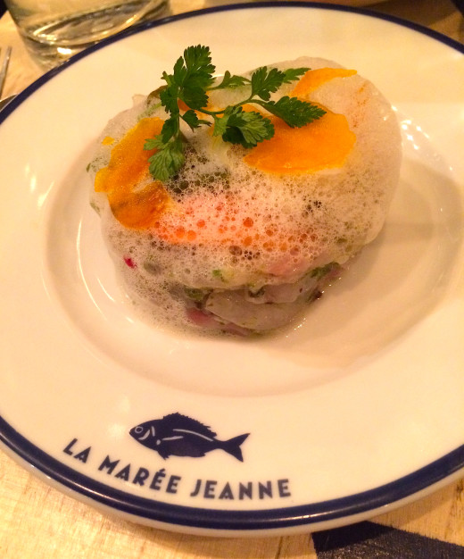 Sea bass and oyster tartare at La Maree Jeanne, Paris