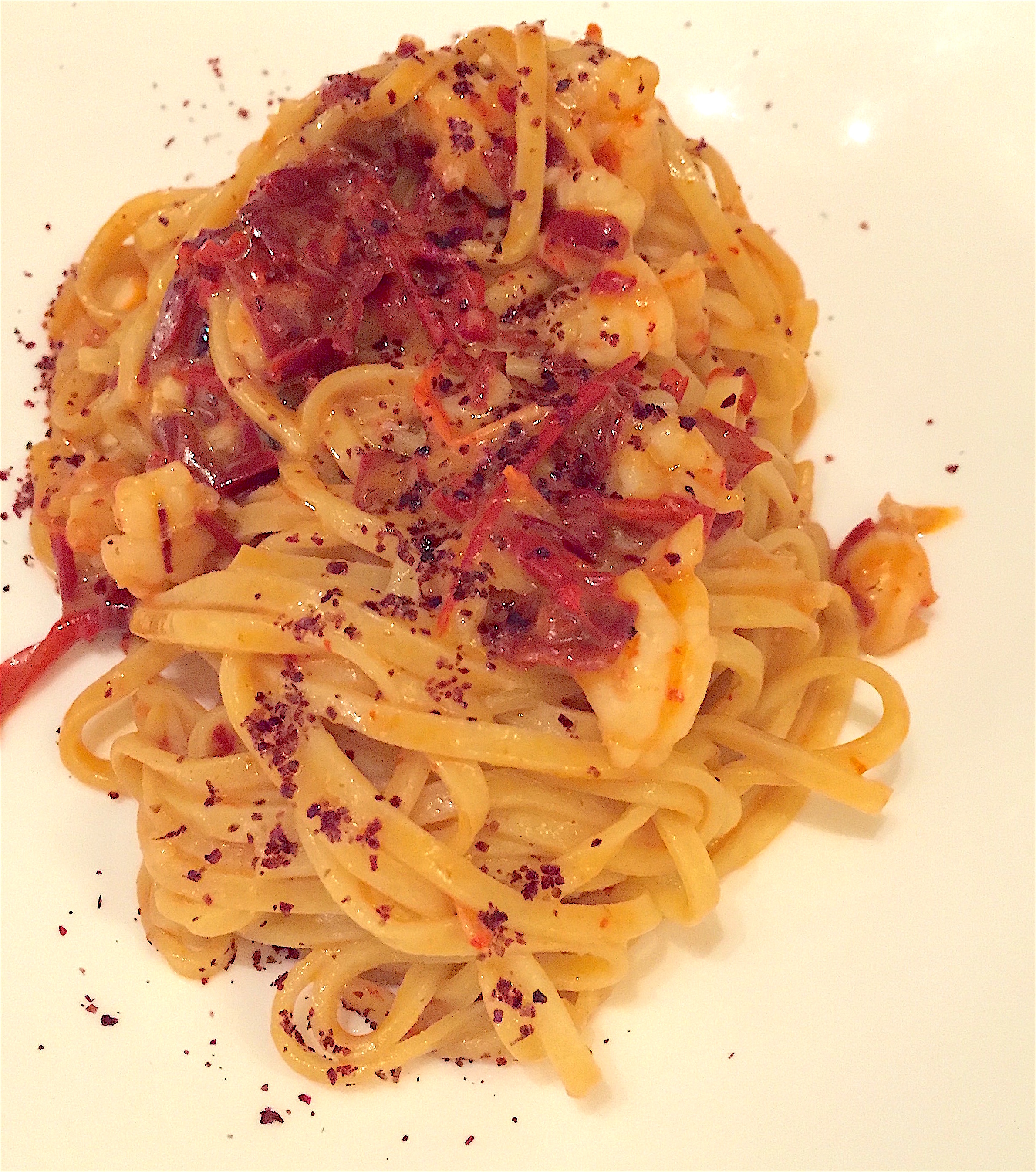 Restaurant Passerini - Spaghetti with red prawns from Sicily and sumac @Alexander Lobrano