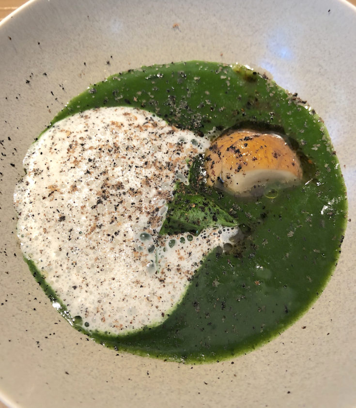 Pavyllon - spinach soup with scamorza @Alexander Lobrano