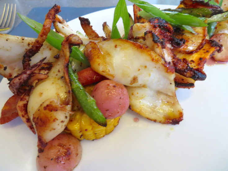 Le Vivier - sauteed squid with summer vegetables @Alexander Lobrano