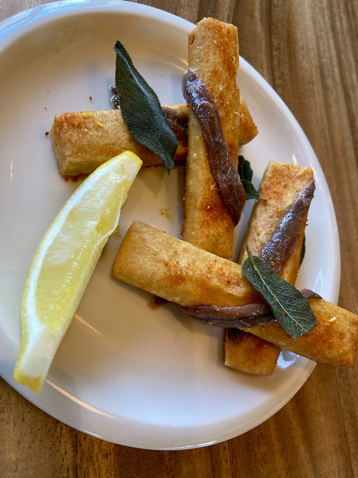 Drum Cafe - Panisses with anchovies and fried sage leaves @Alexander Lobrano